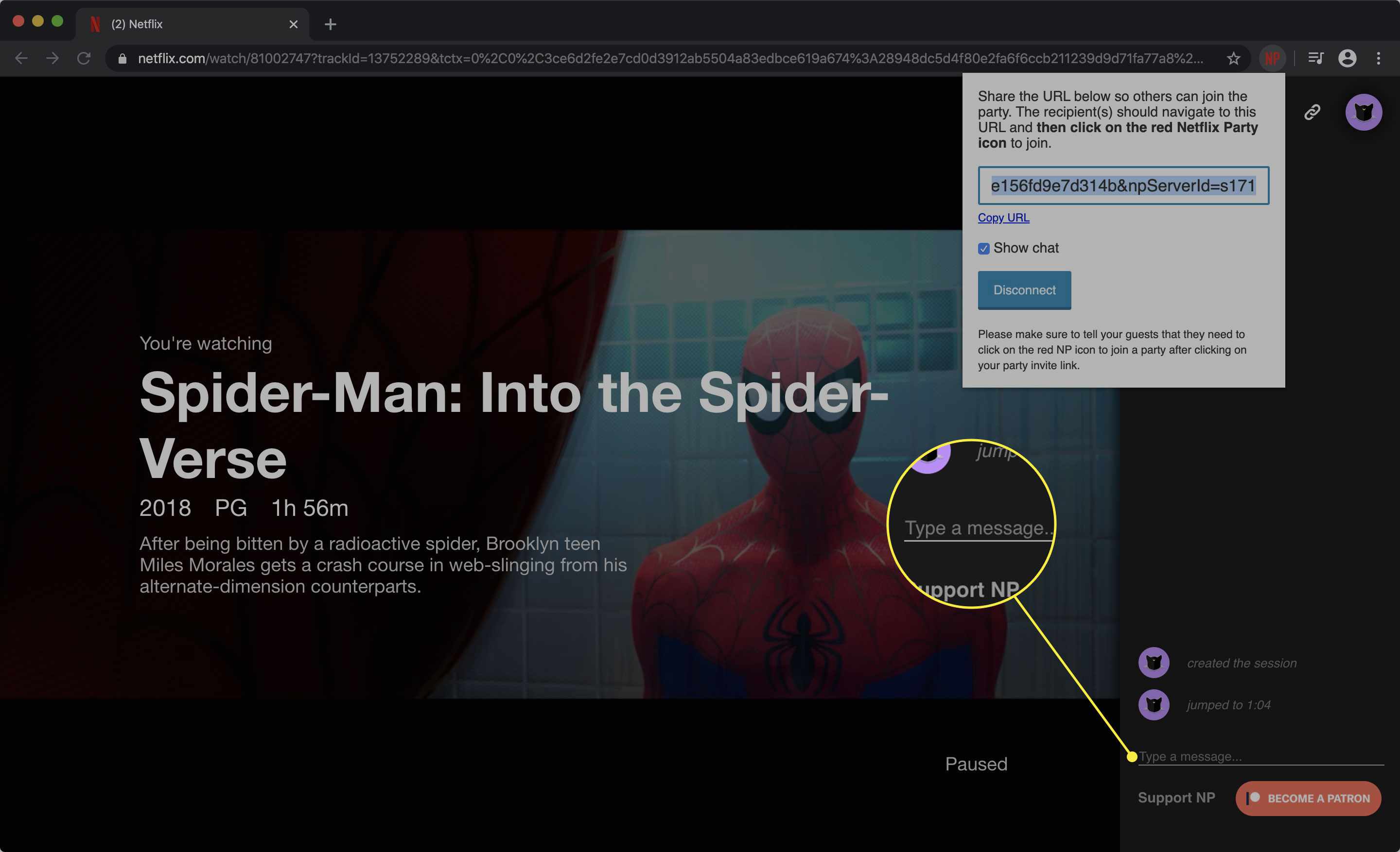 Uma captura de tela do Netflix Party com a caixa de bate-papo em destaque
