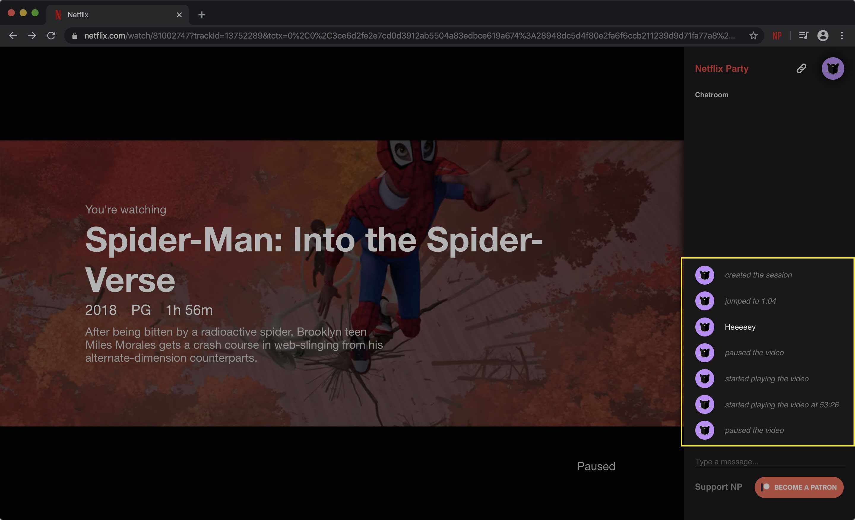 Uma captura de tela do Netflix Party com a janela de bate-papo em destaque