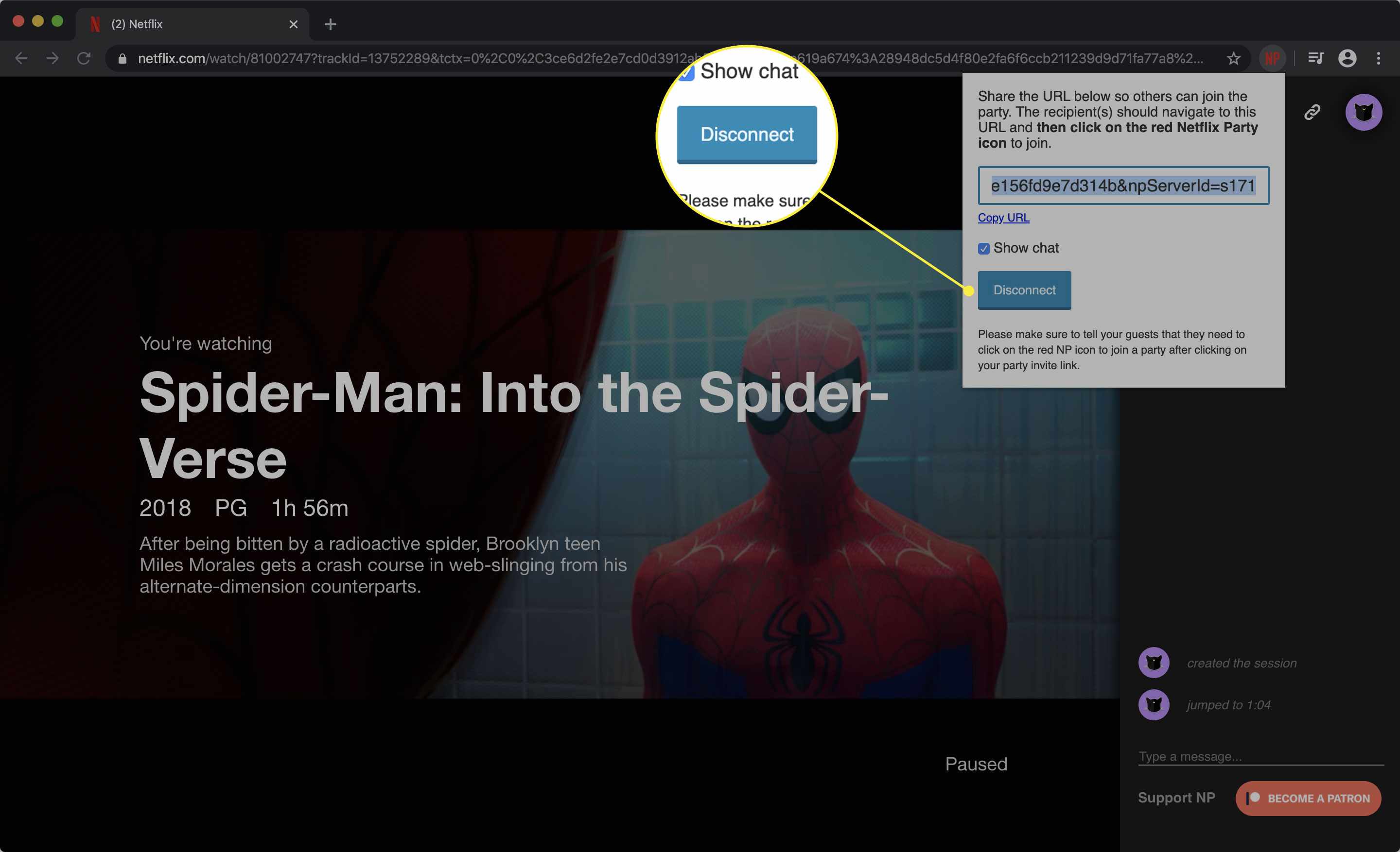 Uma captura de tela do Netflix Party com o botão Desconectar destacado