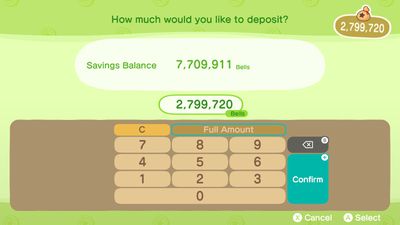 Dinheiro em Animal Crossing na forma de sinos depositado no Banco de Nook.