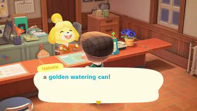 Isabelle falando sobre um regador dourado em Animal Crossing: Novos horizontes