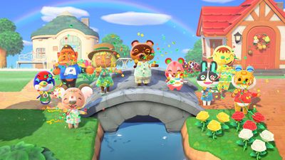 Aldeões se reuniram em uma ponte em Animal Crossing: New Horizons