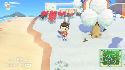 Captura de tela do Animal Crossing New Horizons mostrando um personagem segurando um machado