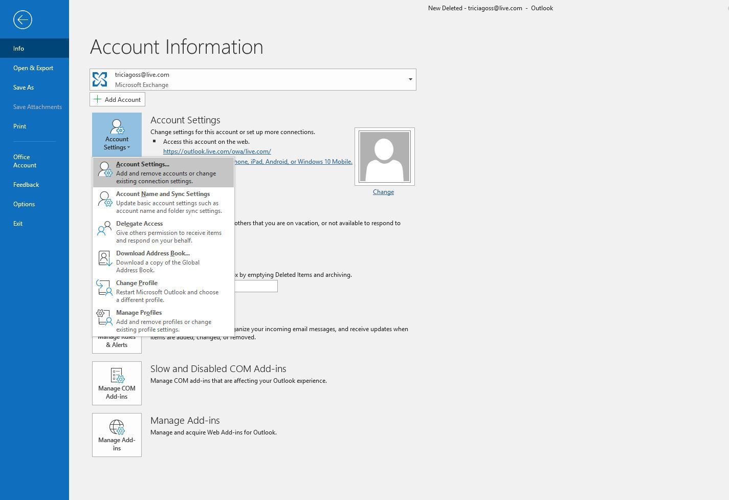 Captura de tela das configurações da conta