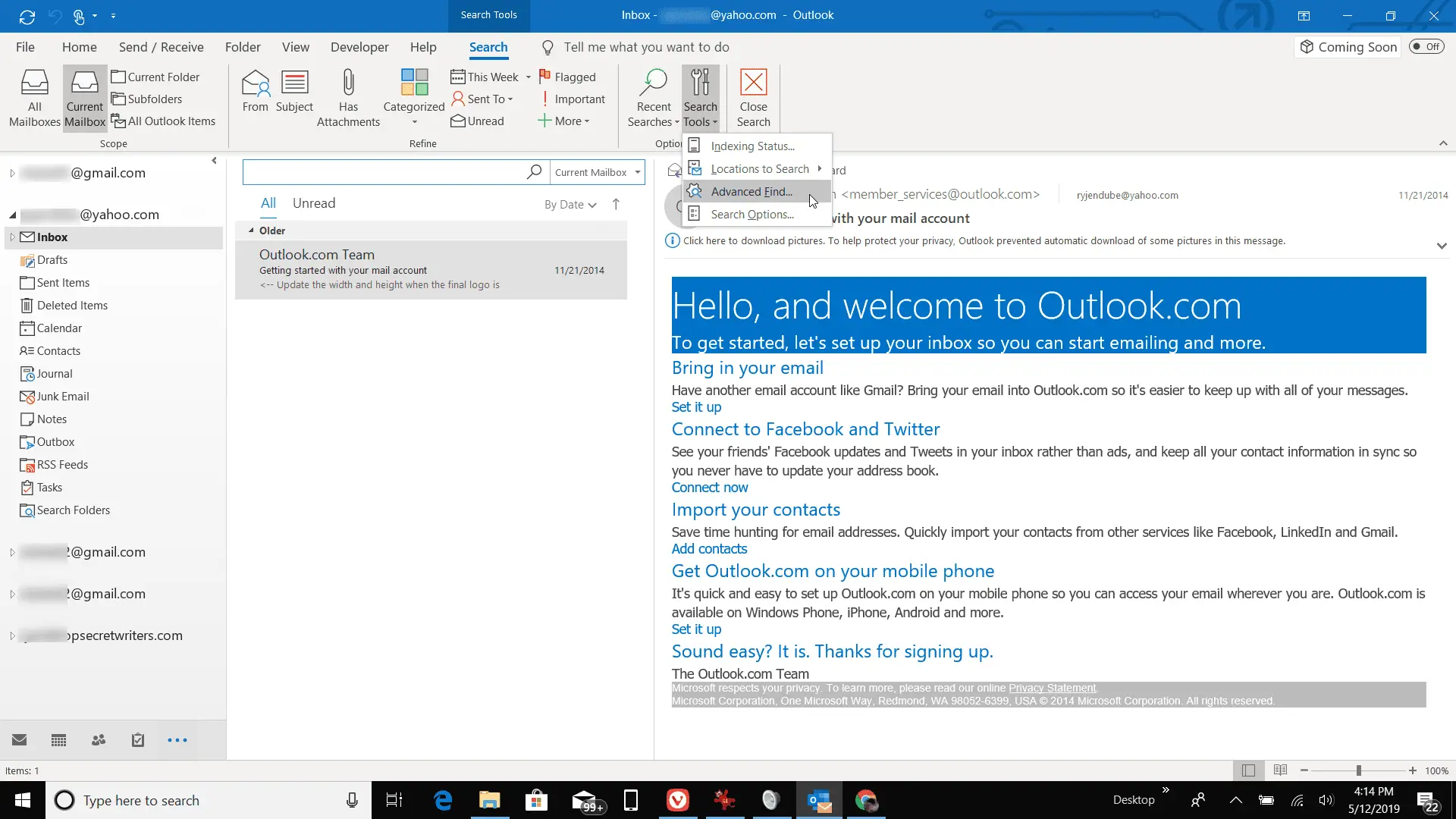 Captura de tela das ferramentas de pesquisa no Outlook