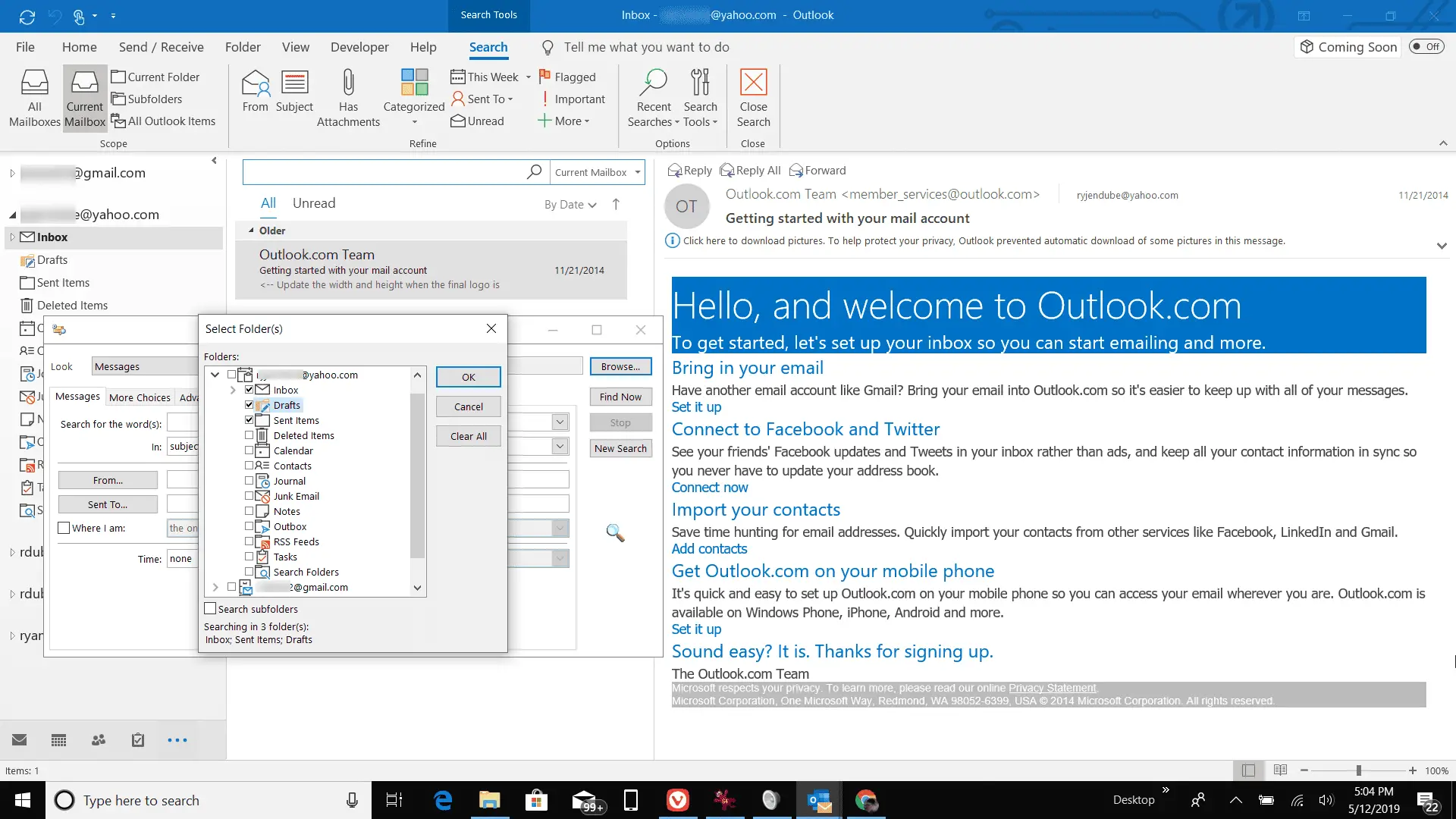 Captura de tela da seleção de pastas no Outlook