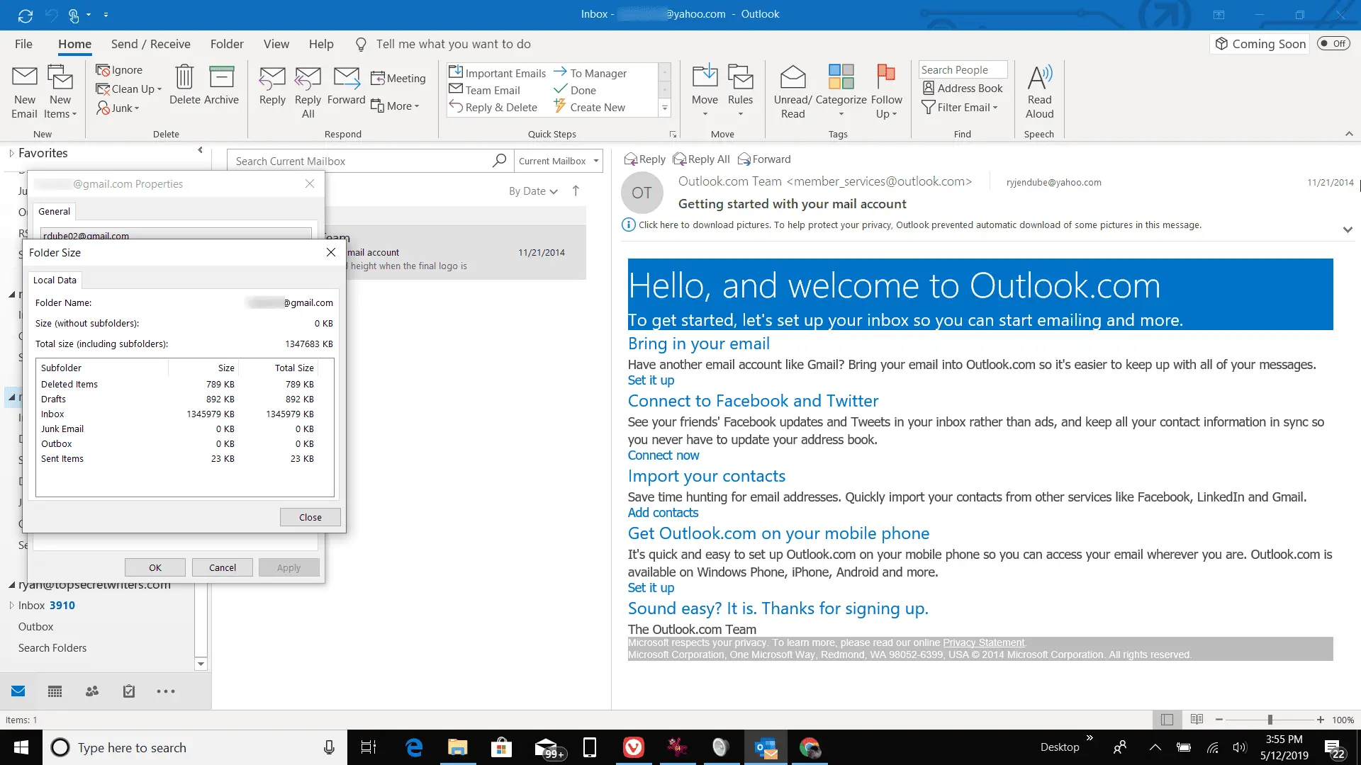 Captura de tela da janela de tamanho da pasta no Outlook