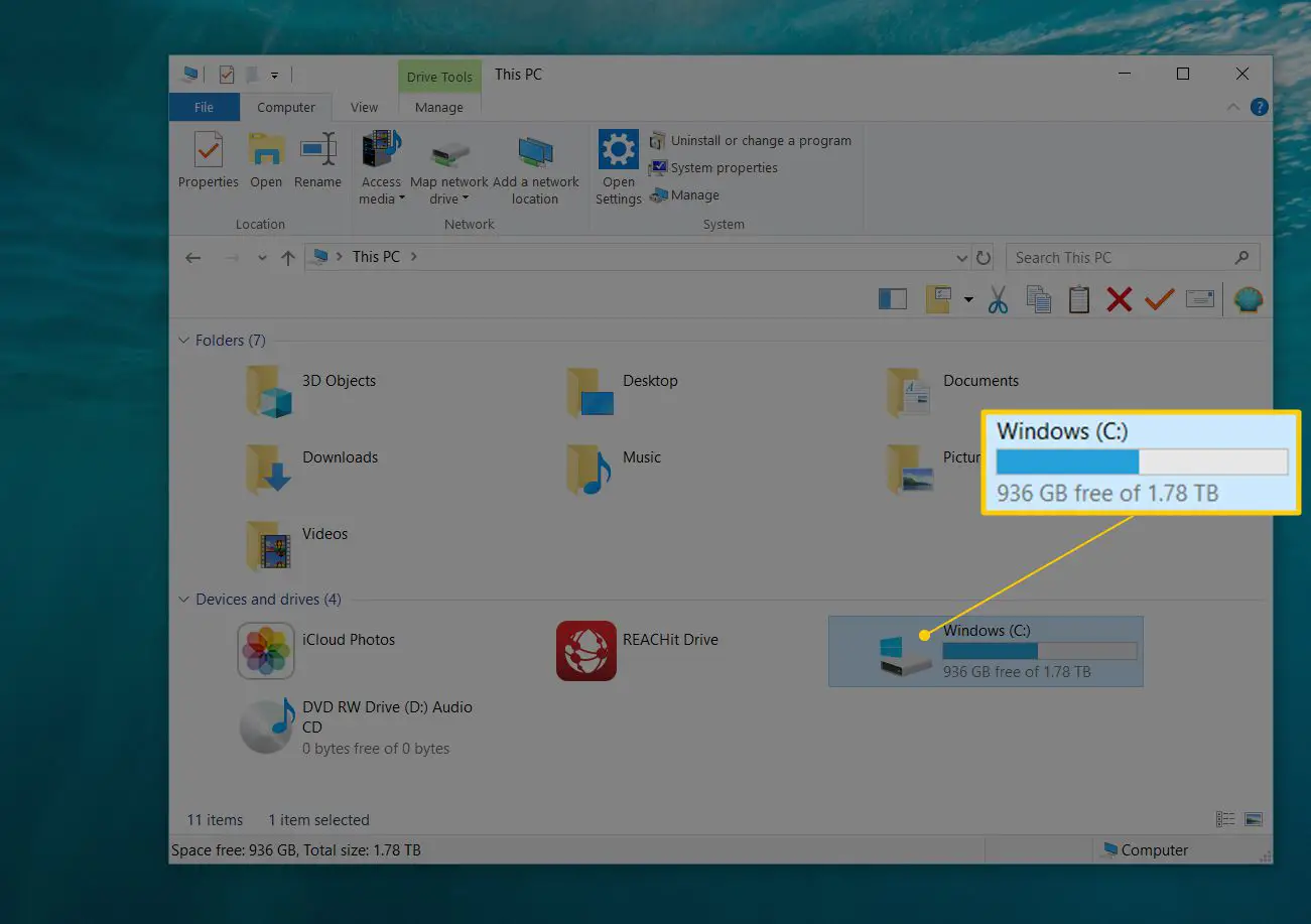 Windows C: unidade mostrando espaço livre no File Explorer