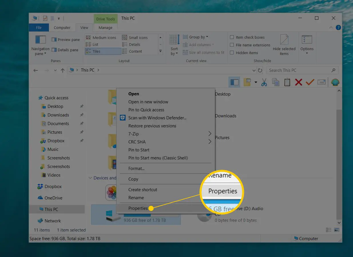 Clique com o botão direito do mouse no item de menu Propriedades no Windows 10
