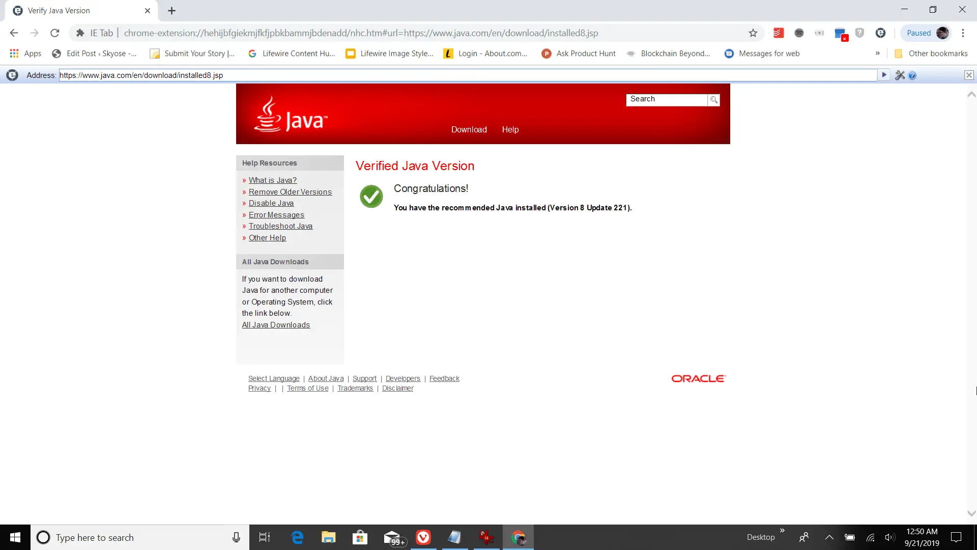 Captura de tela de um teste de versão Java bem-sucedido