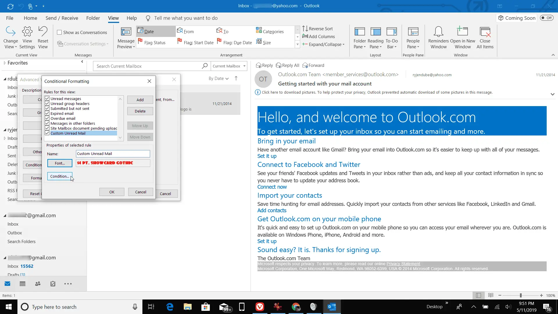 Captura de tela da seleção da condição de formatação no Outlook