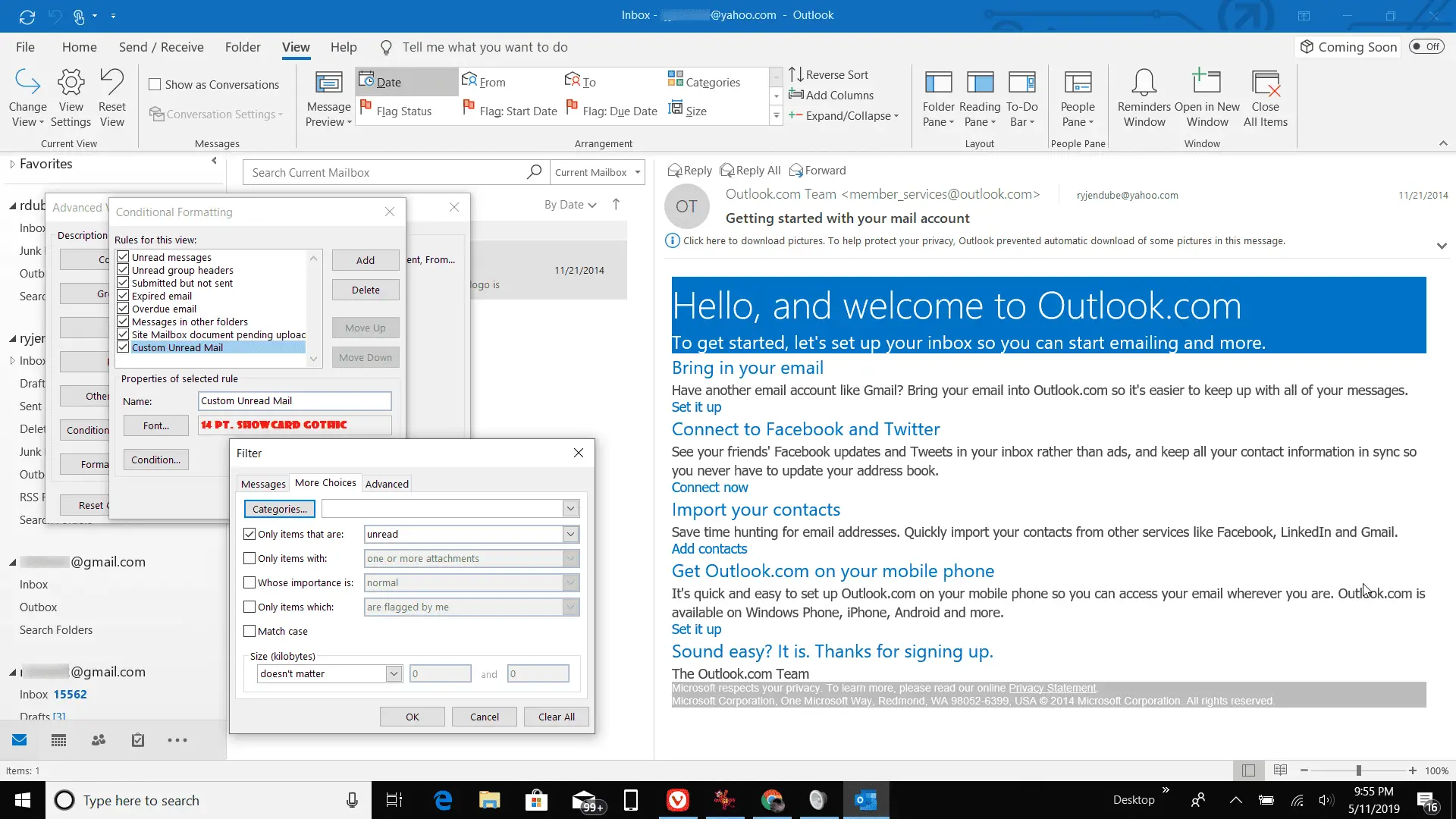 Captura de tela da configuração de um arquivador não lido no Outlook
