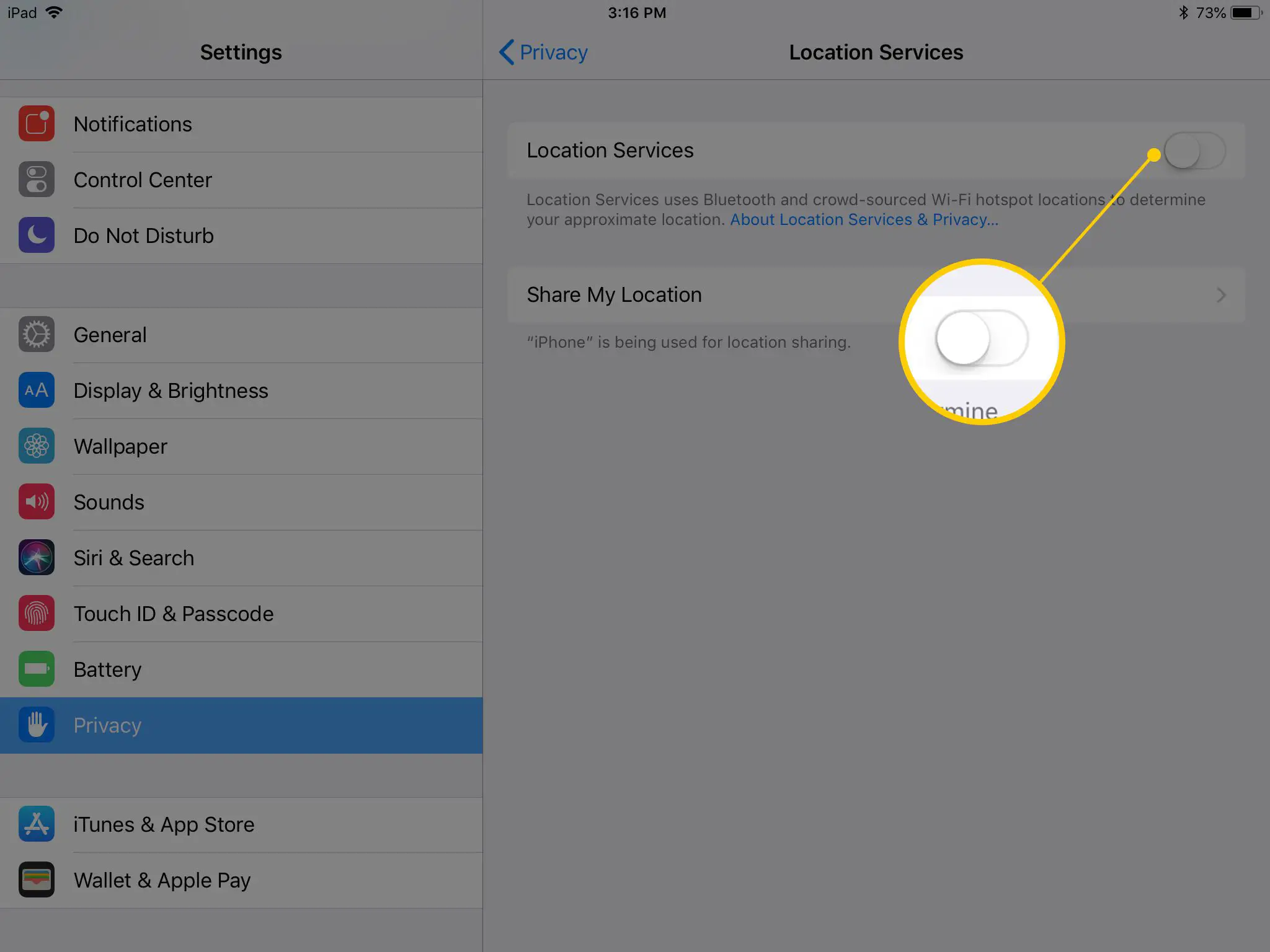 Tela de serviços de localização no aplicativo de configurações do iOS no iPad