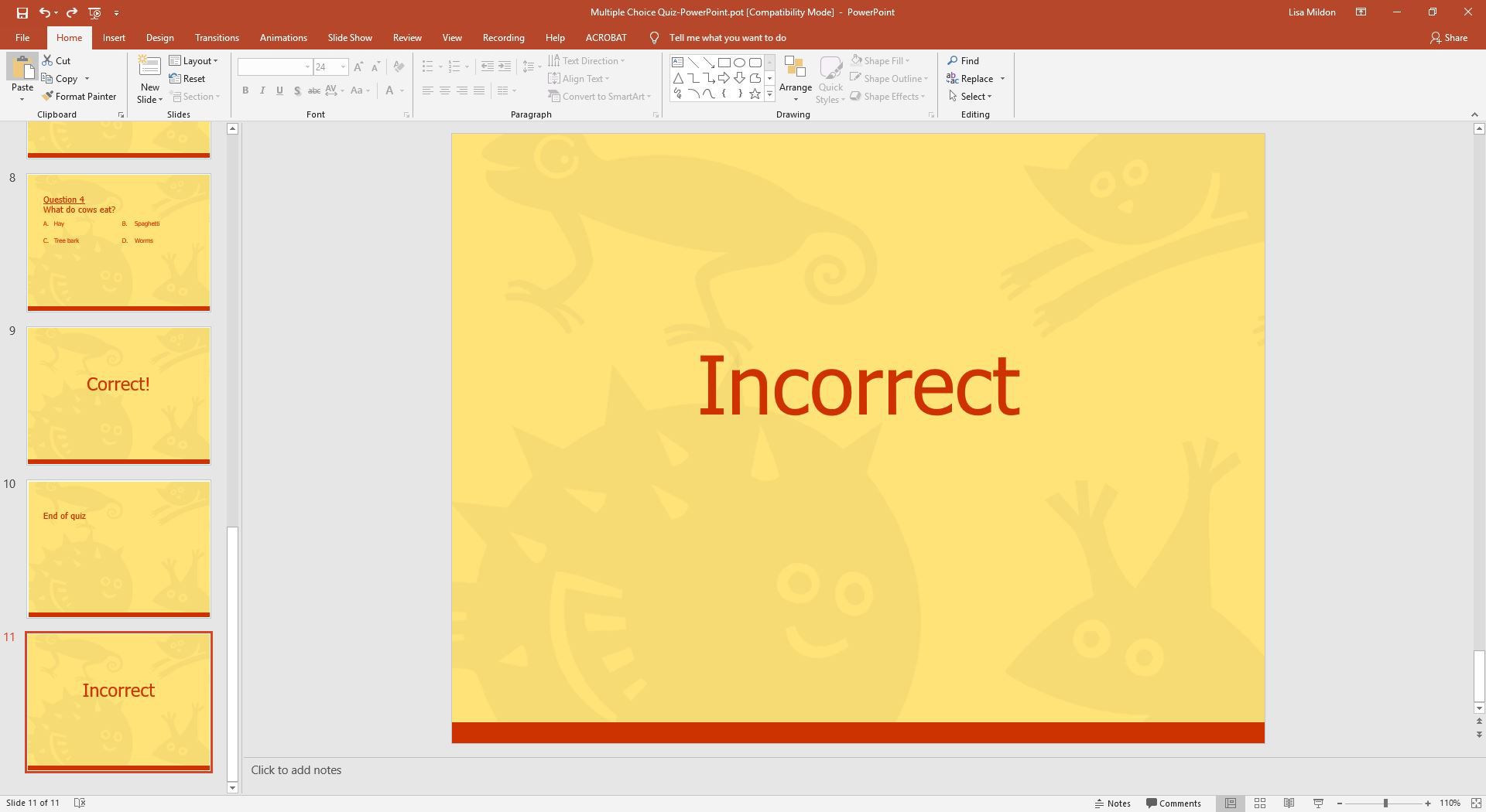 Um slide mostrando a palavra incorreta para um questionário de múltipla escolha no PowerPoint.
