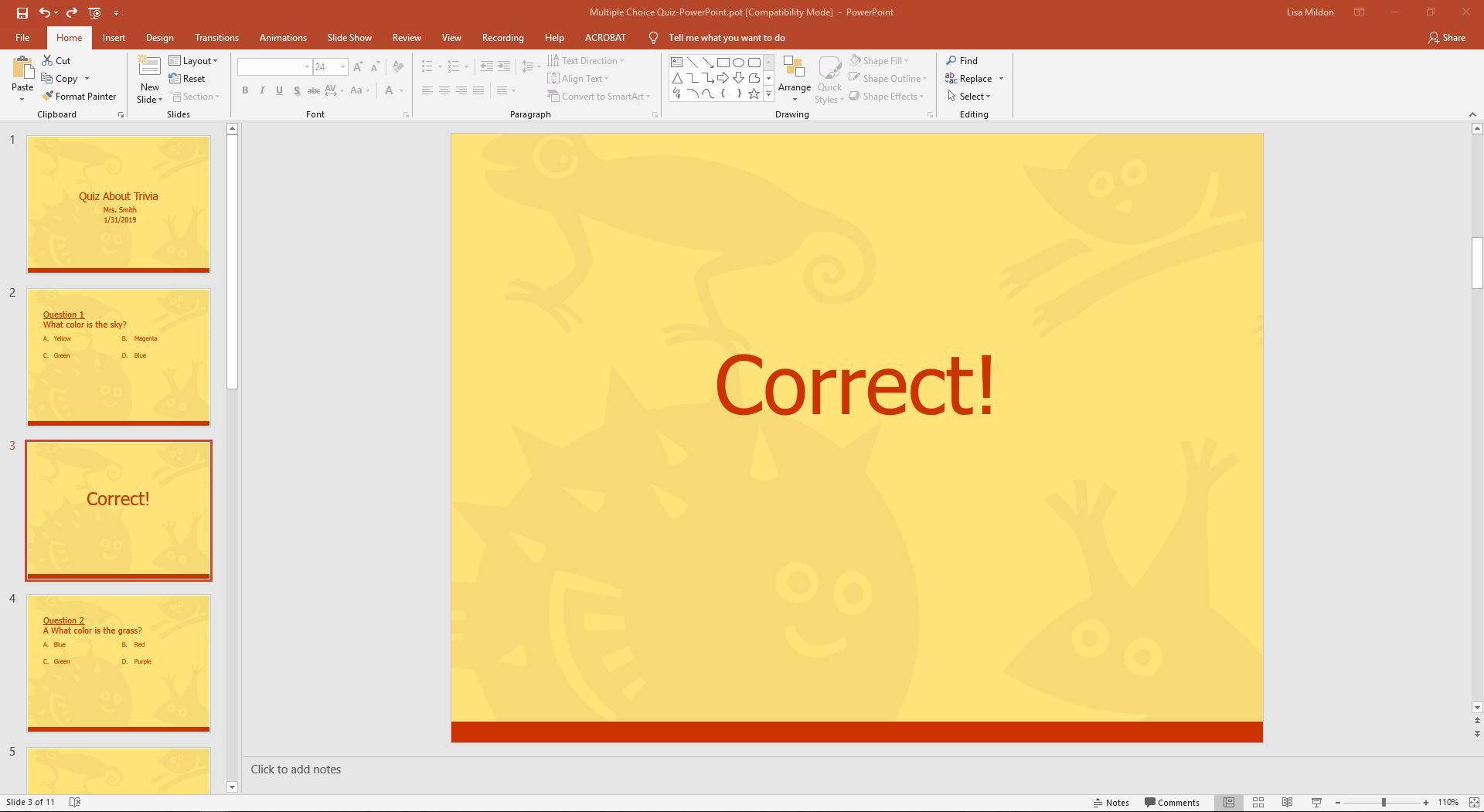 Criar um slide com a palavra correta para uma resposta do questionário no PowerPoint.