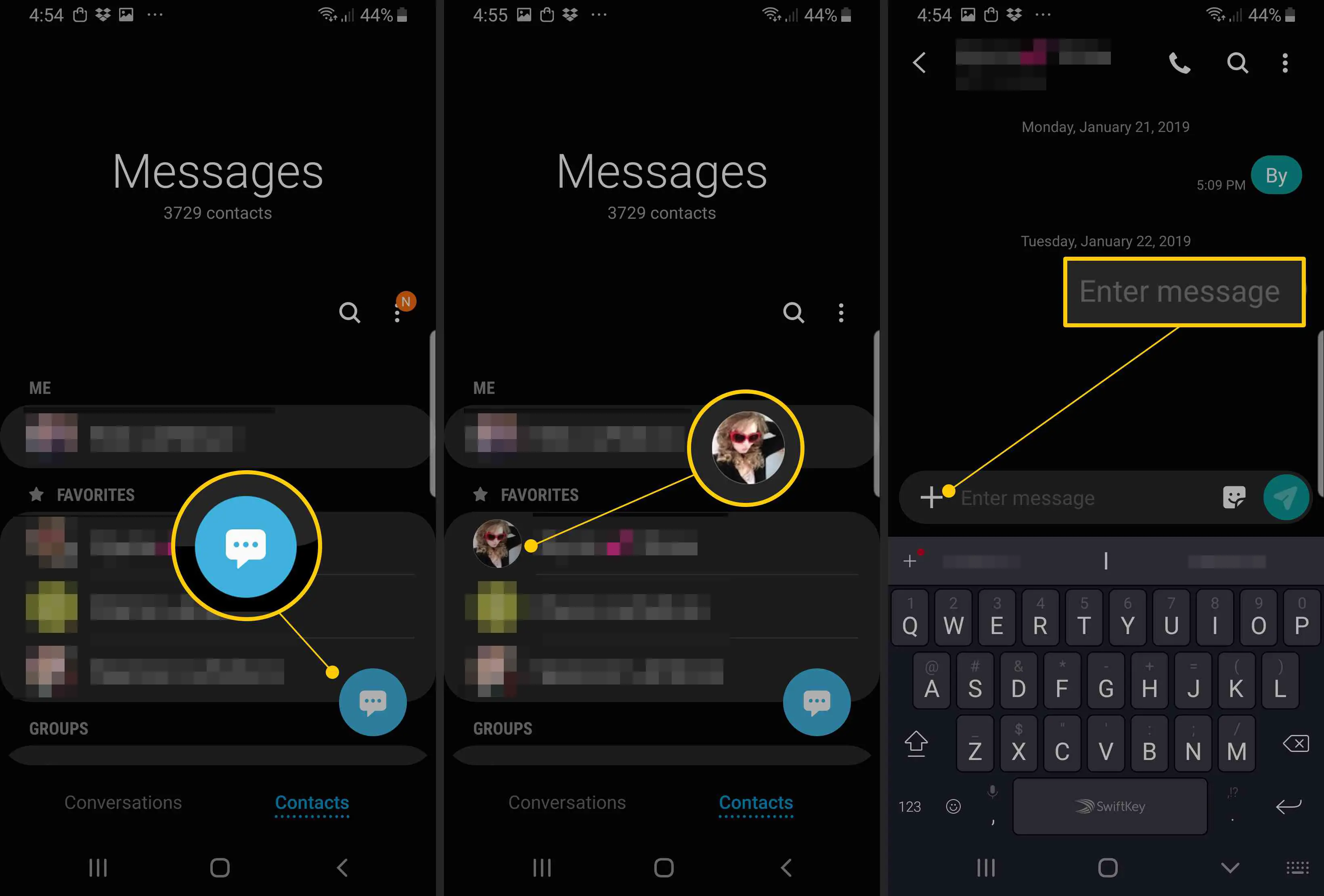 Ícone de mensagem, ícone de contato, campo de mensagem no aplicativo Samsung Chat