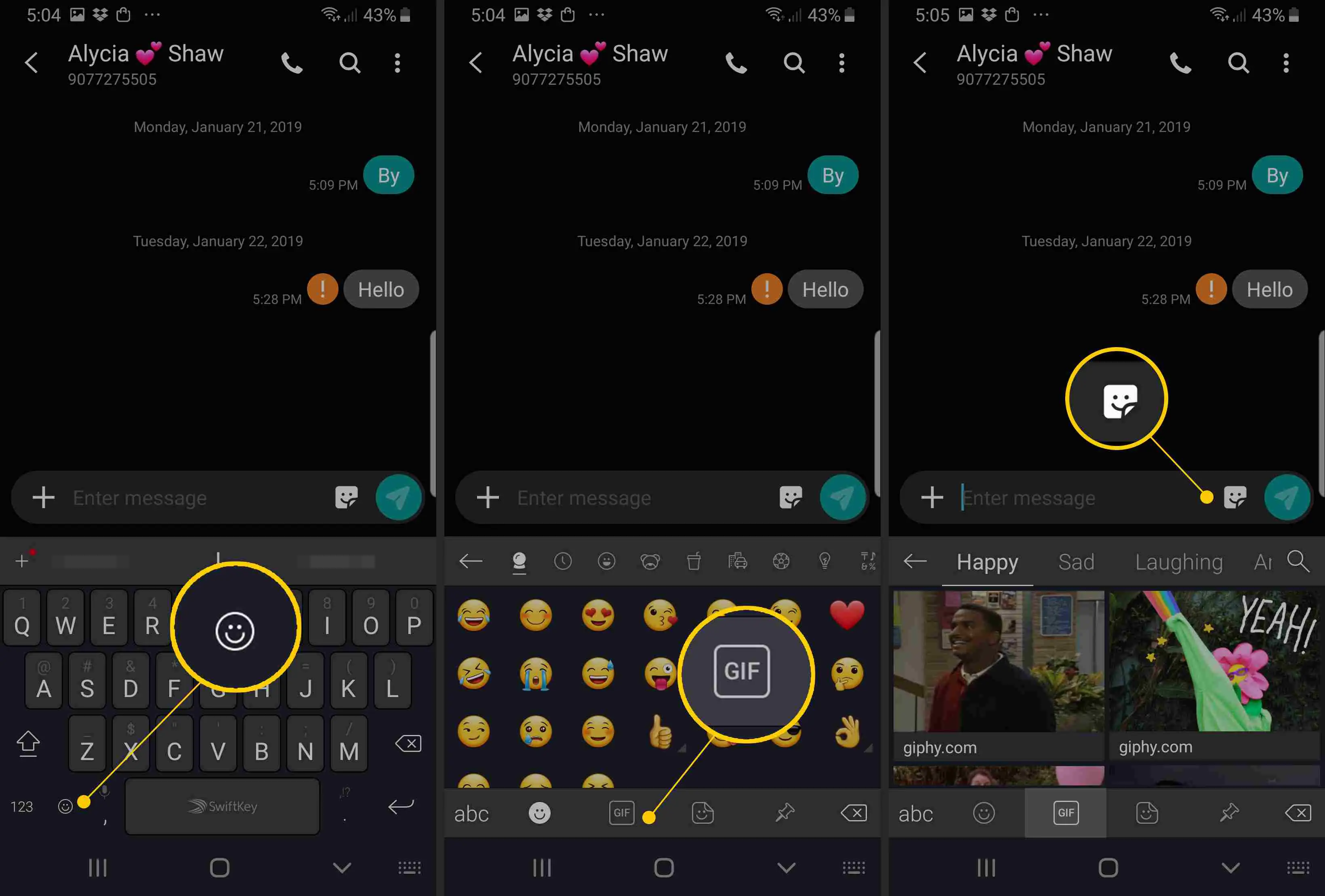 Ícones de emoji, GIF e adesivos no aplicativo Samsung Mensagens