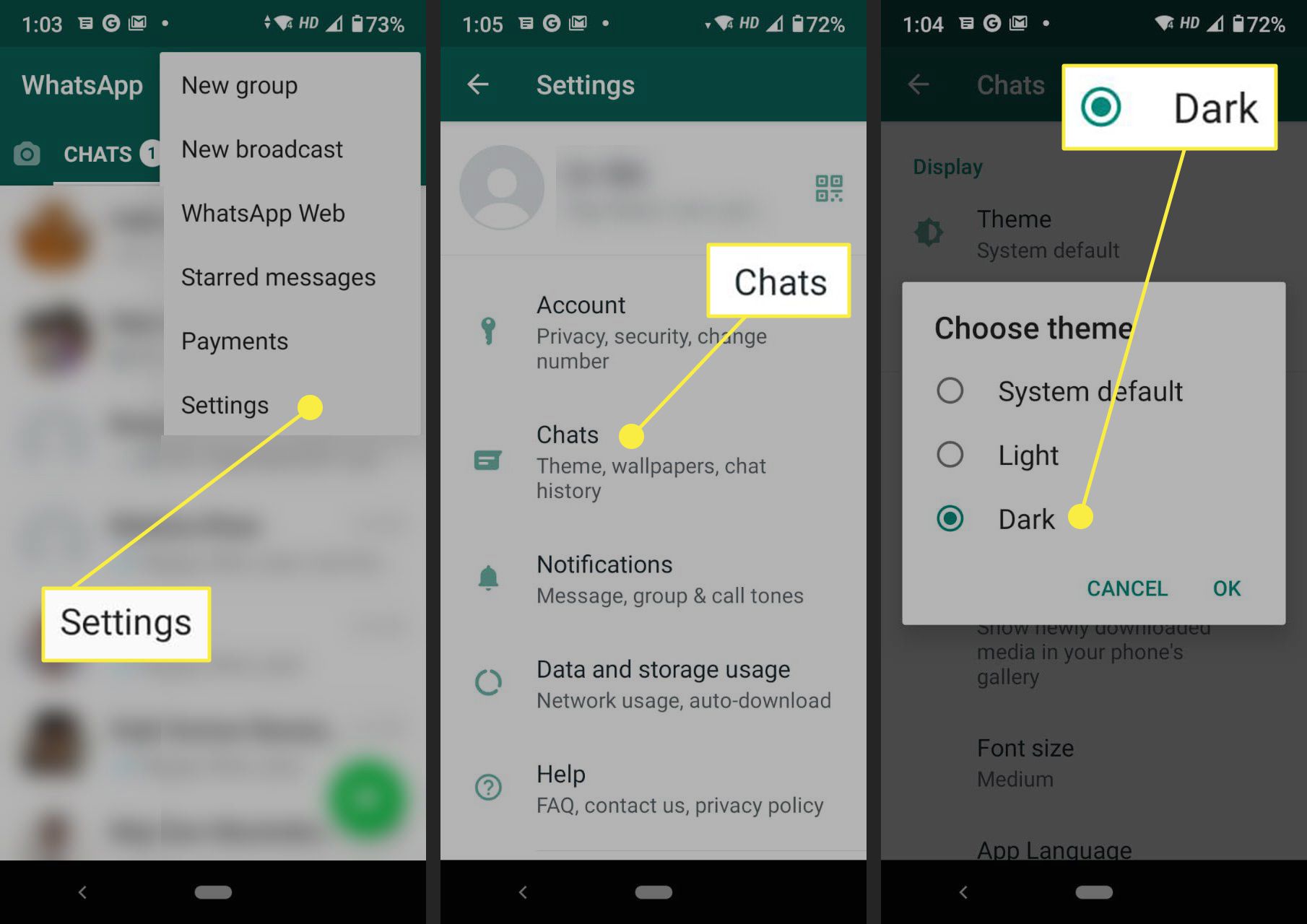 Escolhendo o tema escuro no WhatsApp Android.