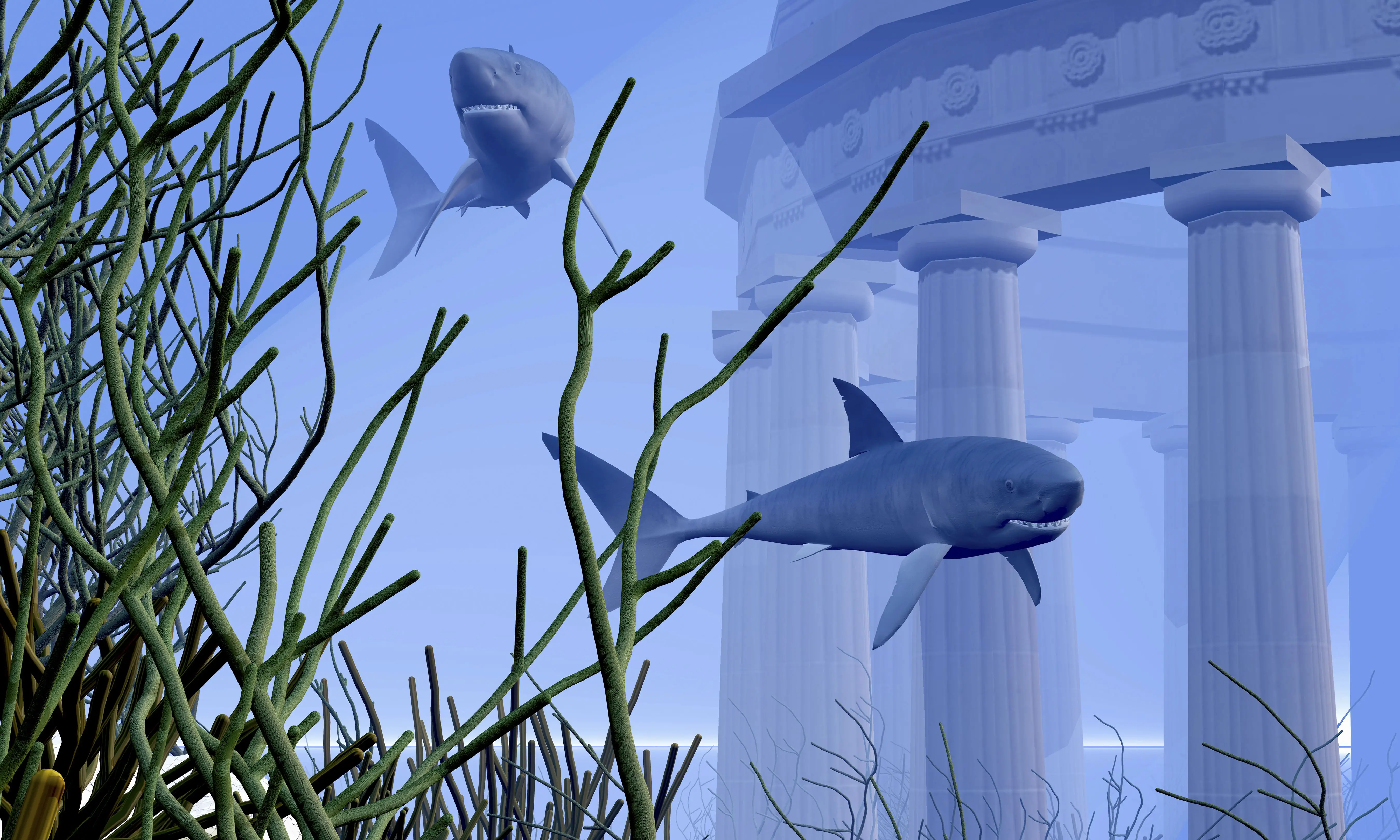 Dois tubarões Mako nadam perto de um templo grego submerso nas profundezas do oceano.