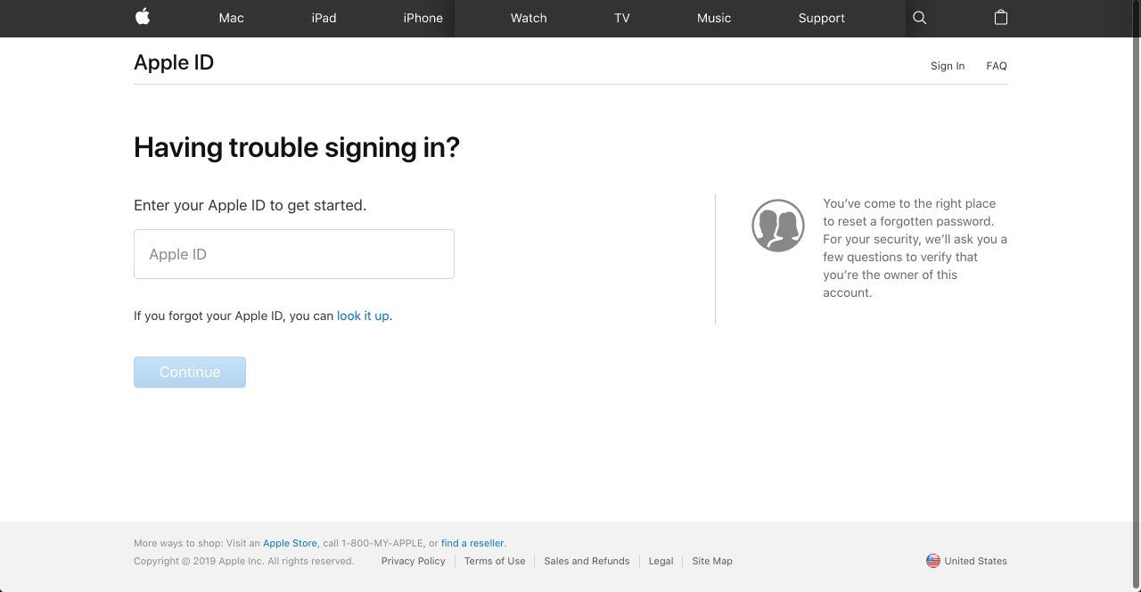 Site de recuperação de Apple ID da Apple