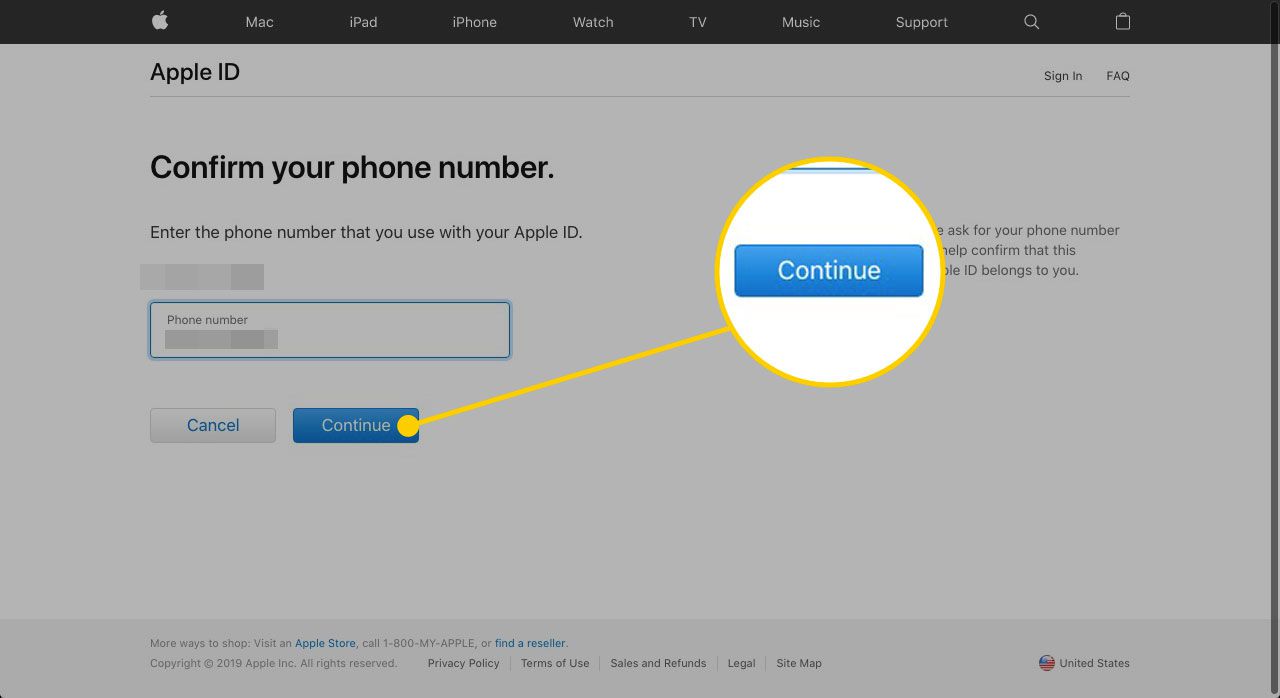 Verificação do número de telefone no site de recuperação de ID da Apple com o botão Continuar destacado