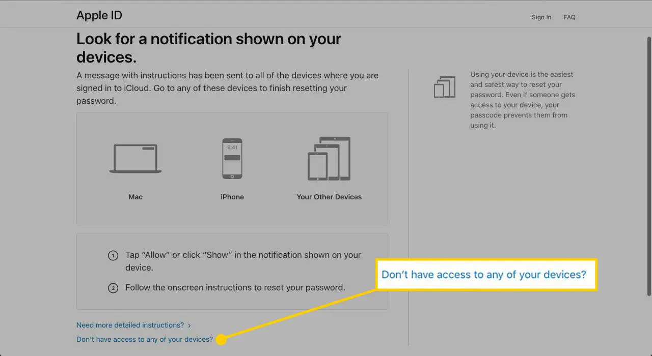 Site que mostra instruções para redefinir uma senha de ID Apple com "Não tem acesso a nenhum dos seus dispositivos?" destacado