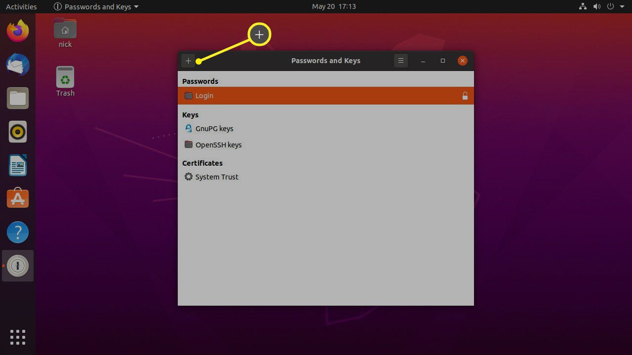 Janela de senhas e chaves do Ubuntu Seahorse