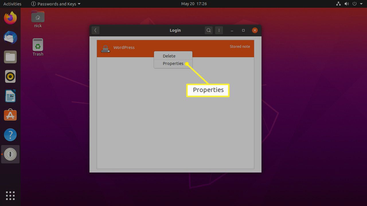 Propriedades de senha do Ubuntu Seahorse com o botão direito