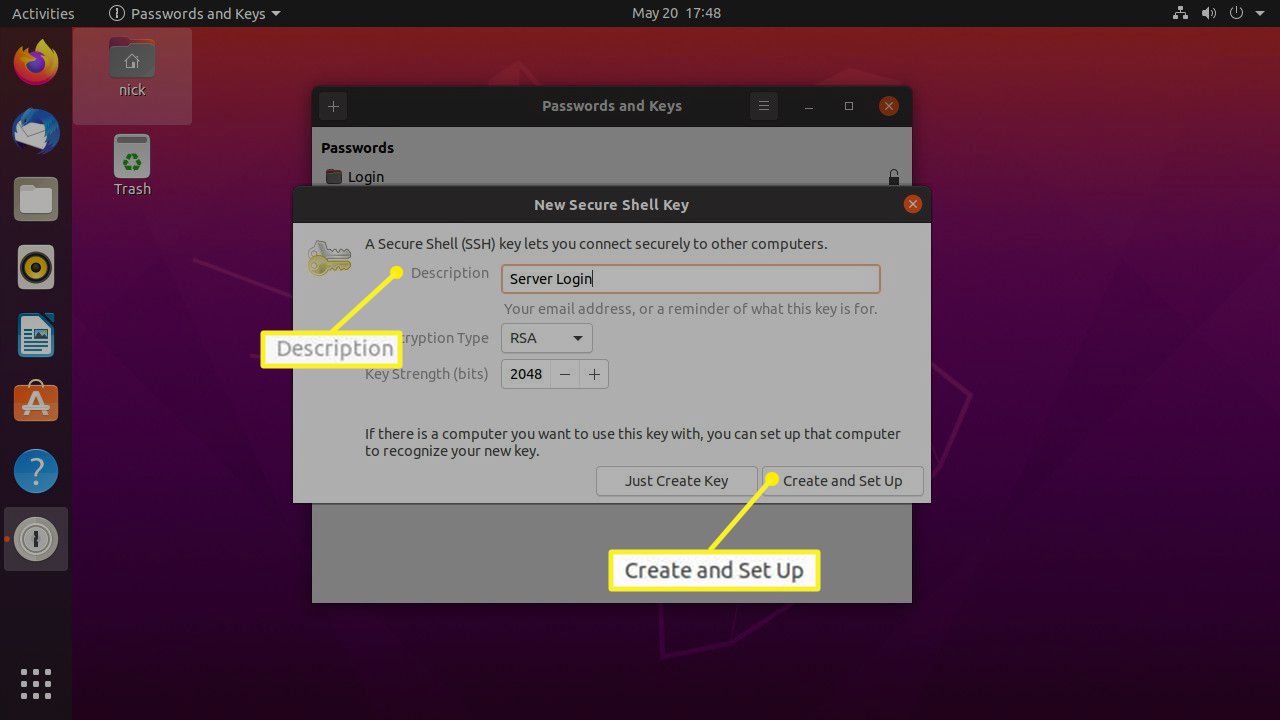 Ubuntu Seahorse cria chave SSH com Criar e Configurar destacado