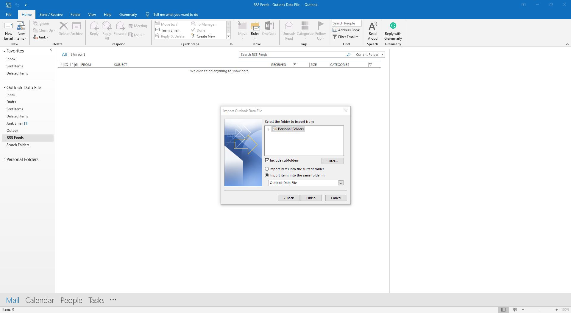 Concluindo a importação de um arquivo PST para o Outlook.
