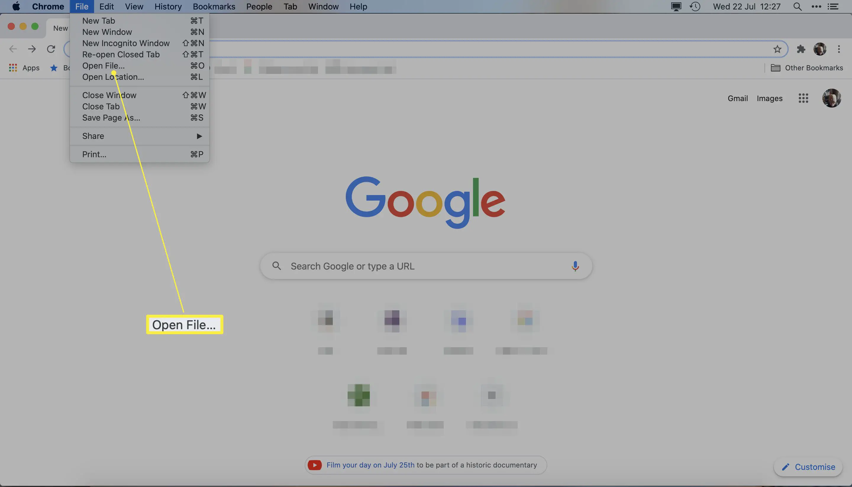 Google Chrome com Abrir Arquivo em destaque
