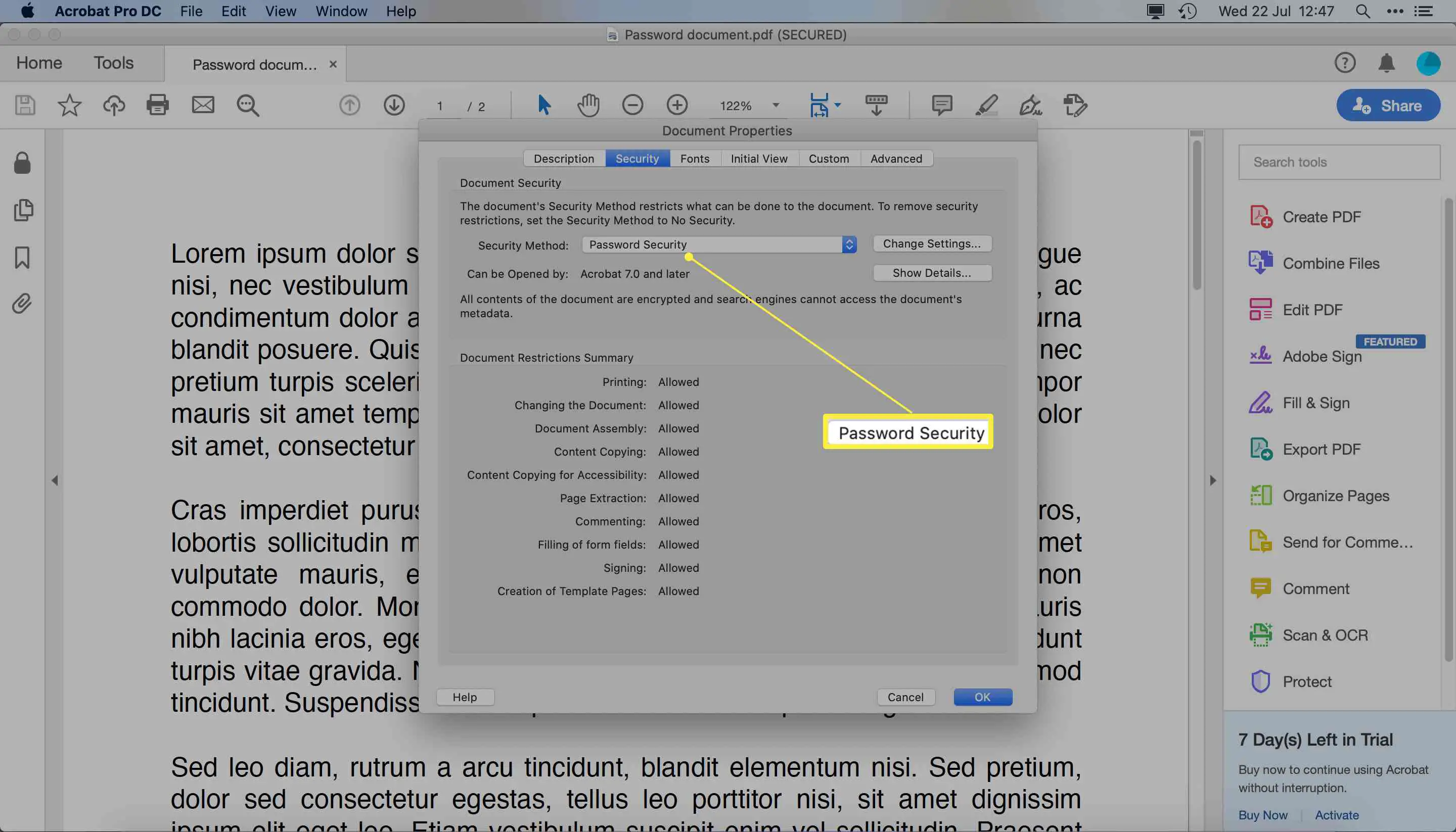 Adobe Acrobat Pro DC com as propriedades do documento abertas e o método de segurança destacado para um PDF