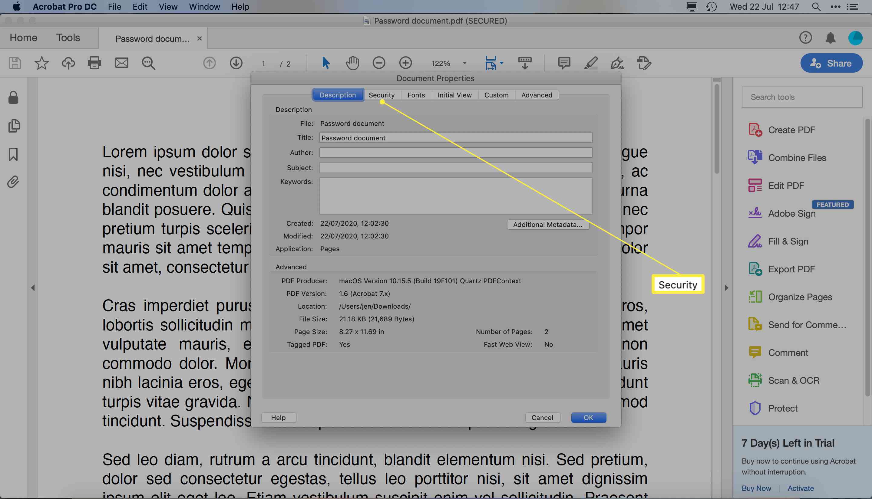 Adobe Acrobat Pro DC com as propriedades do documento para um PDF exibido