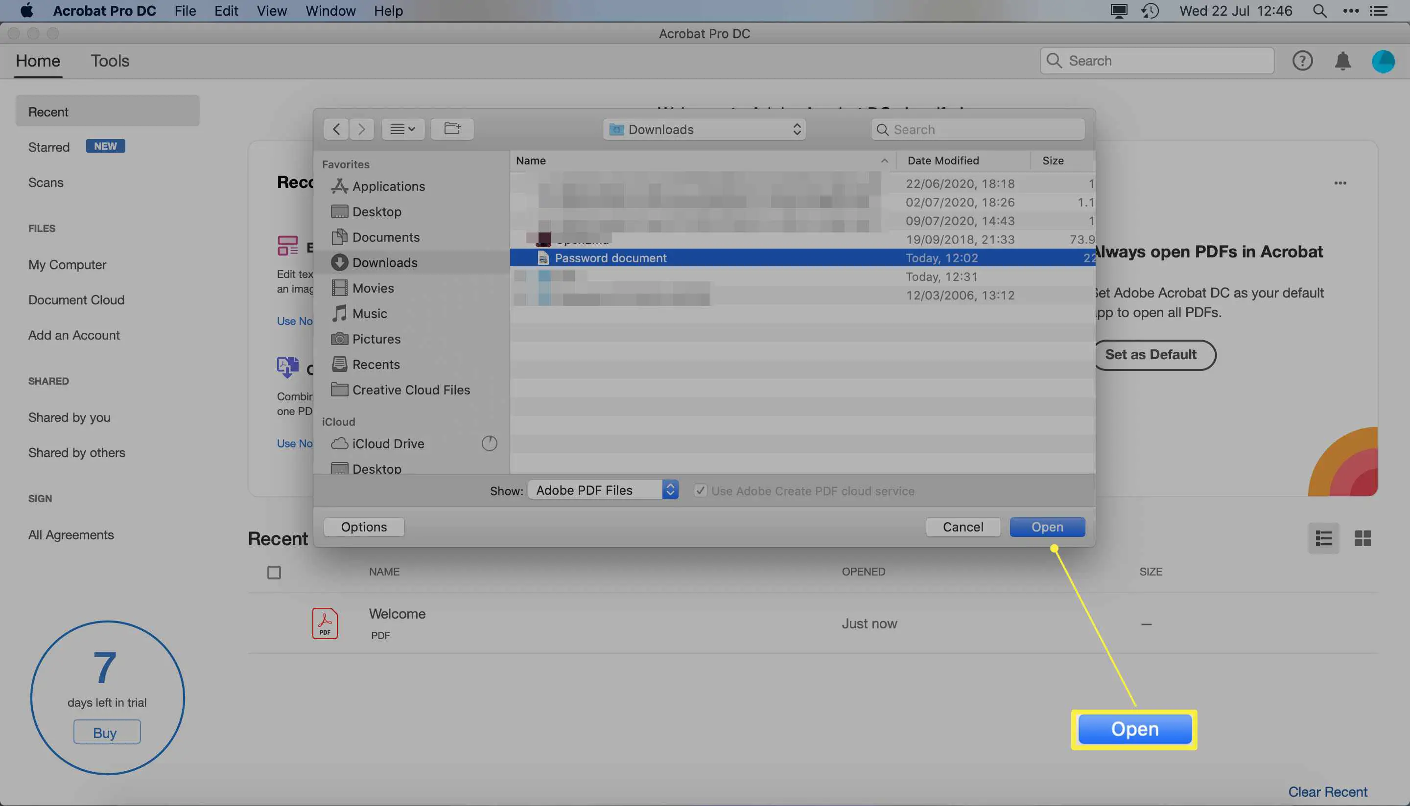Adobe Acrobat Pro DC com a caixa de diálogo para abrir arquivo destacada