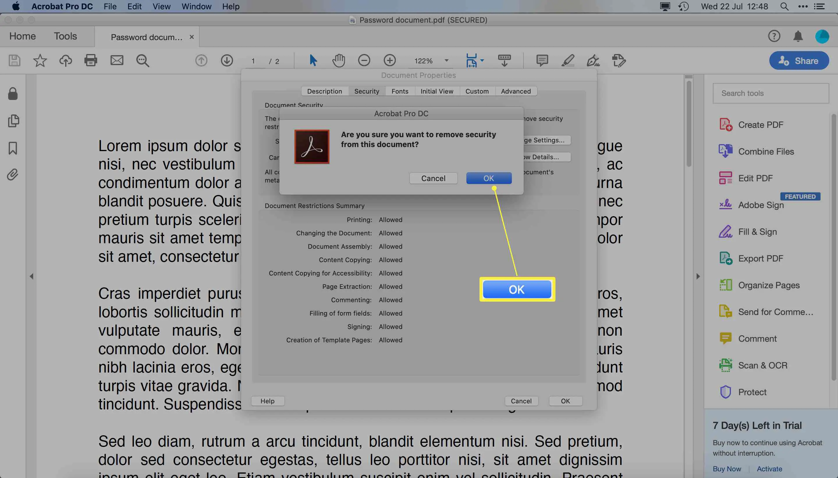 Adobe Acrobat Pro DC com a caixa de diálogo Ok para desativar a segurança de um arquivo