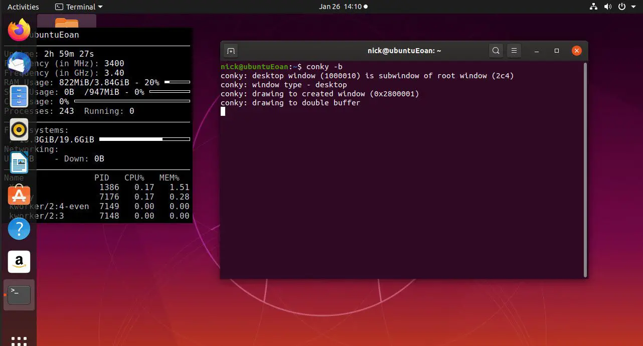 Conky padrão em execução no Ubuntu