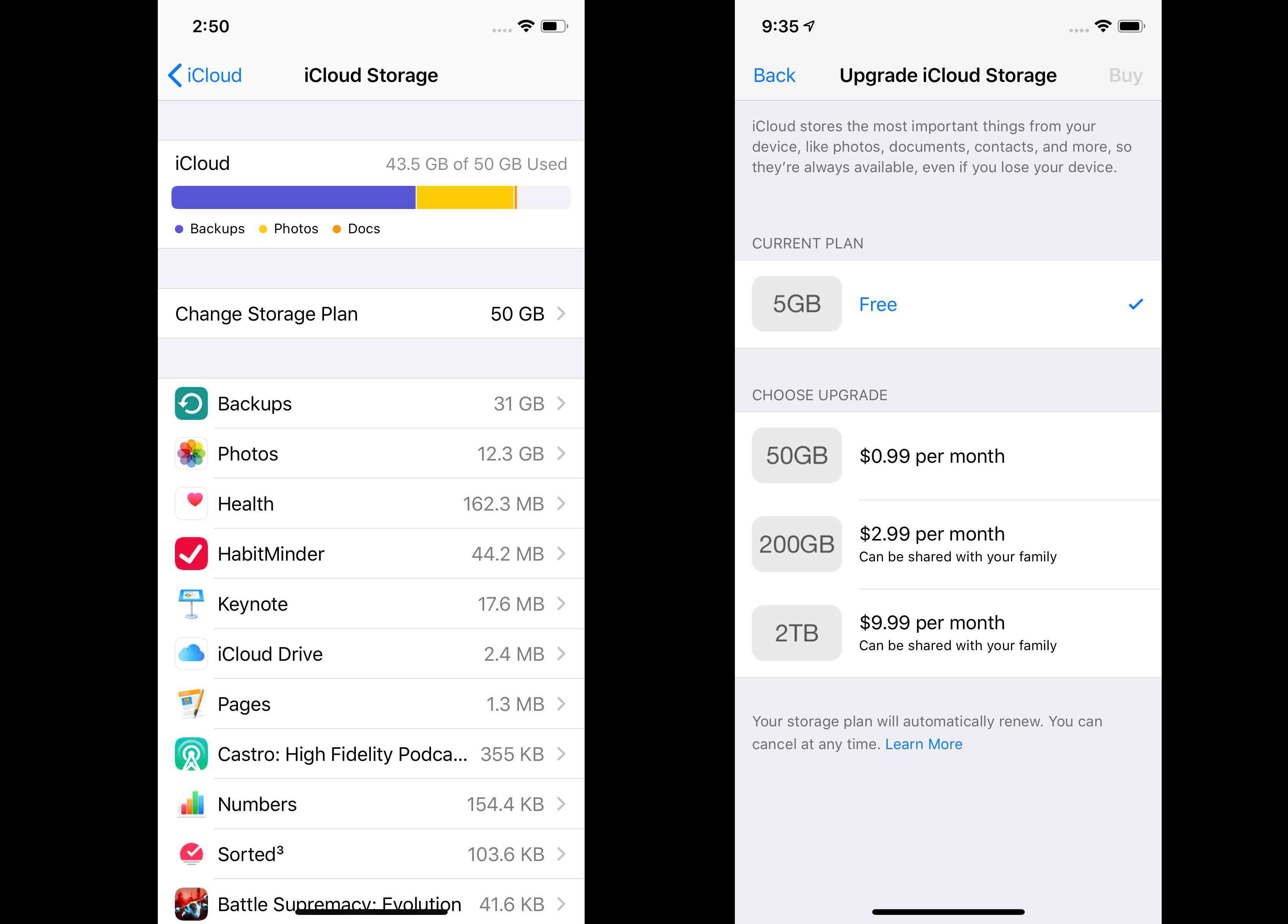 Capturas de tela mostrando como atualizar o armazenamento do iCloud no iPhone X.