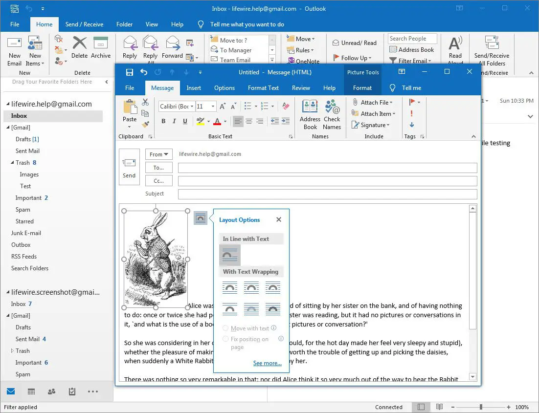 Menu de opções de layout no Outlook 2016