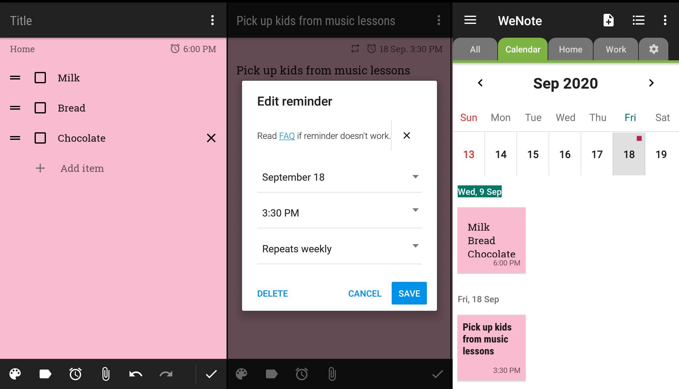 Crie uma lista de tarefas, configure lembretes e visualize o calendário do mês no WeNote