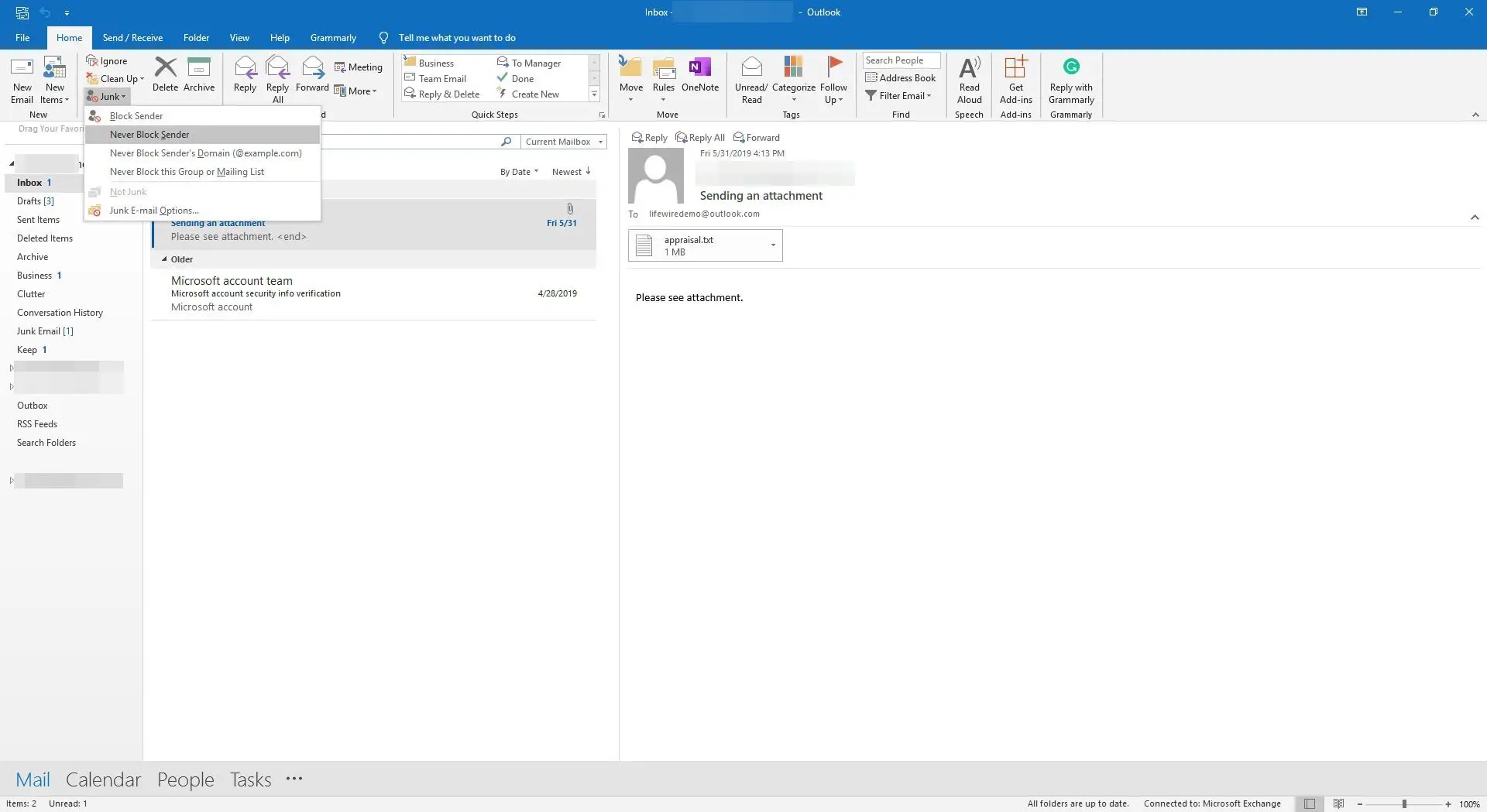 Selecionando nunca bloquear o remetente no Outlook.