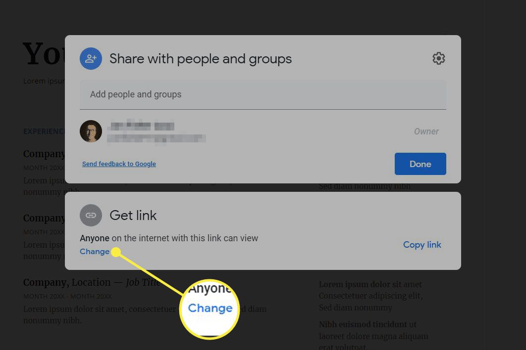 O Google Docs compartilha o painel com opções de pessoas e grupos.