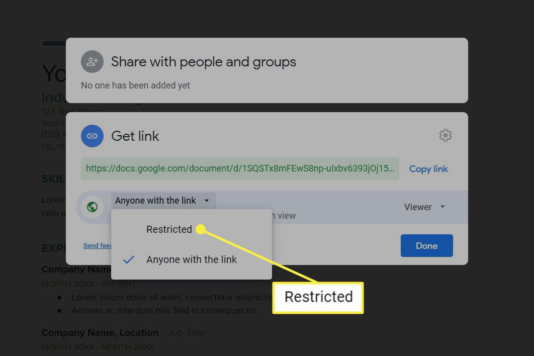 Opção de compartilhamento restrito para um documento do Google.