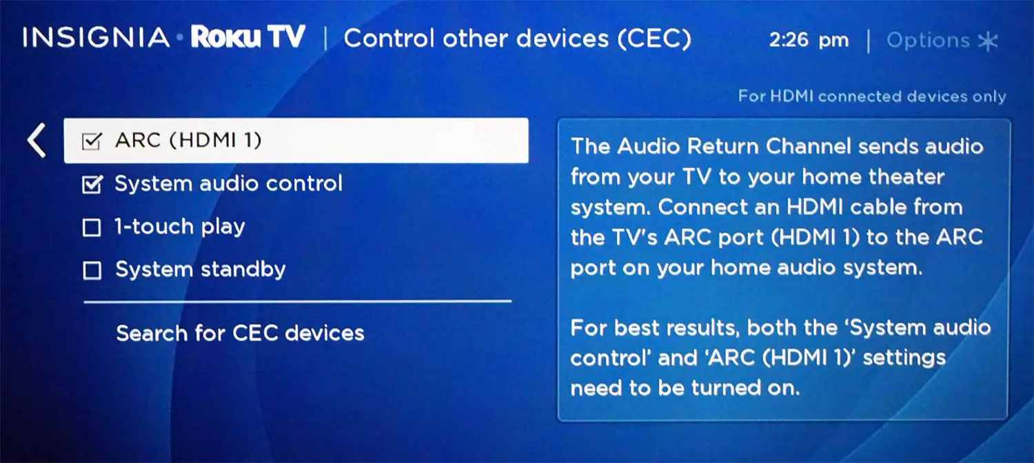 Menu de configuração Roku TV HDMI-ARC