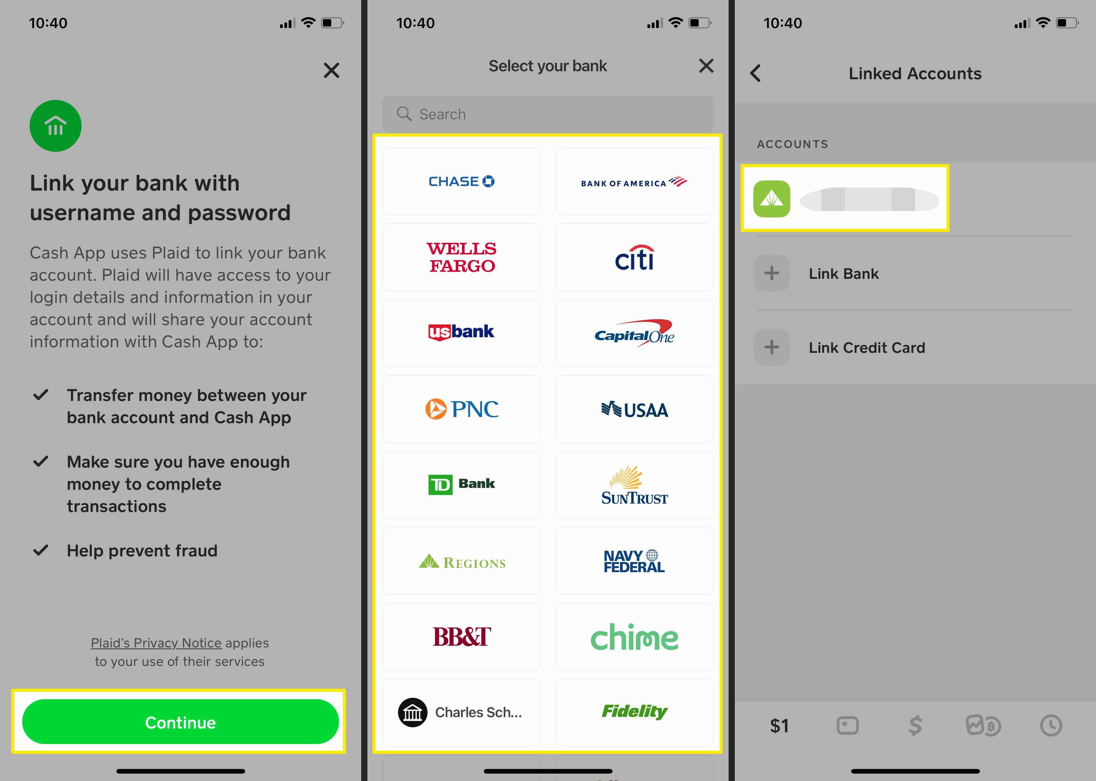 Capturas de tela de como adicionar uma conta bancária ao Cash App.