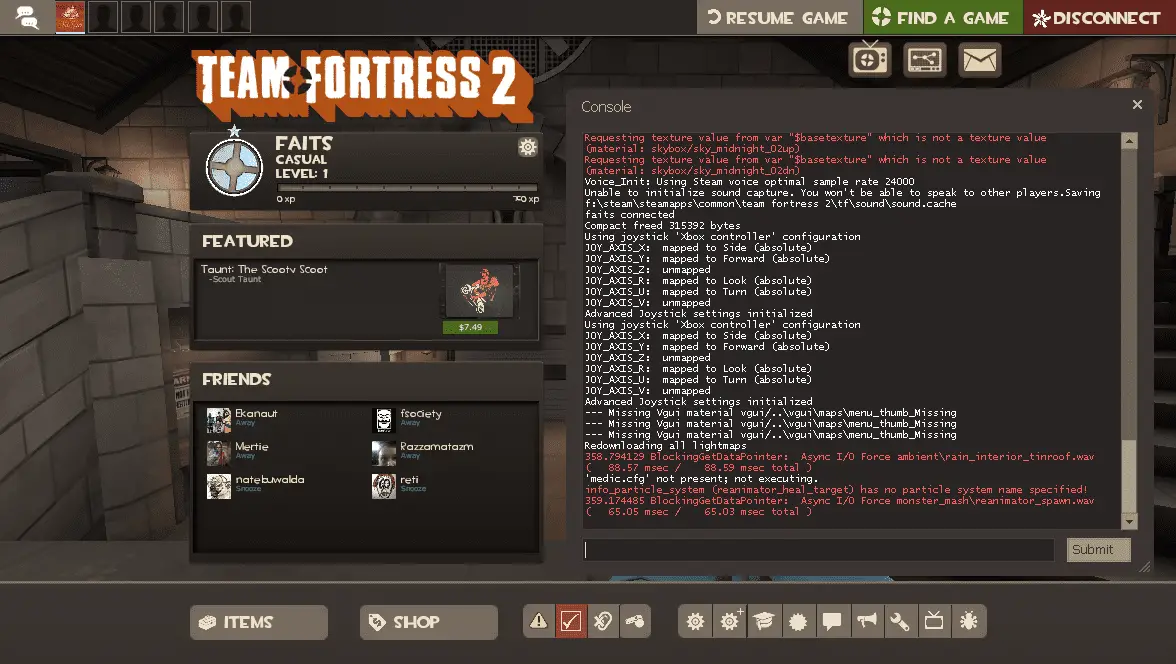 Uma captura de tela do console TF2.