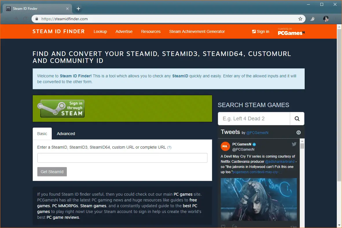 Uma captura de tela de um site de localização do SteamID.