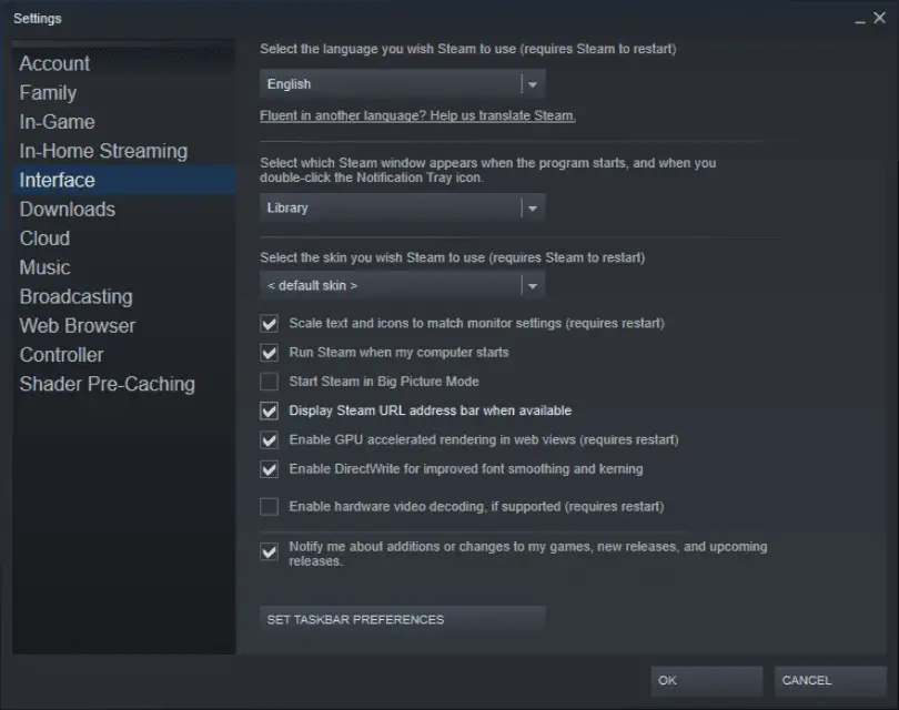 Uma captura de tela do menu de configurações do Steam.