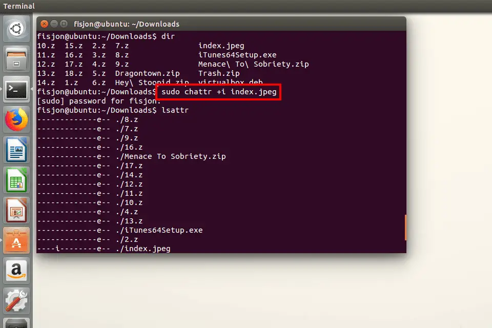 Captura de tela do bit imutável sendo definido em um arquivo JPEG no Ubuntu