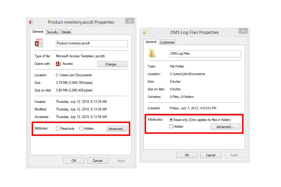 Captura de tela das opções de atributo de arquivo e pasta no Windows 8