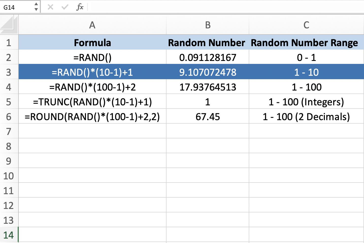 Captura de tela do Excel mostrando o intervalo de 1-10 da função RAND